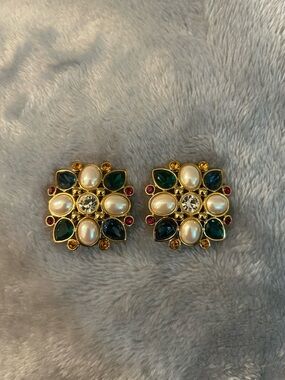 Monet Gold-Tone Cluster Earrings with Pearls, Green and Pink Accents